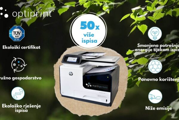U Optiprintu brinemo o okolišu. Dobili smo ISO ekološki certifikat i saveznici smo kružnog gospodarstva - Naši uređaji su energetski učinkoviti i nude 50 puta više ispisa.